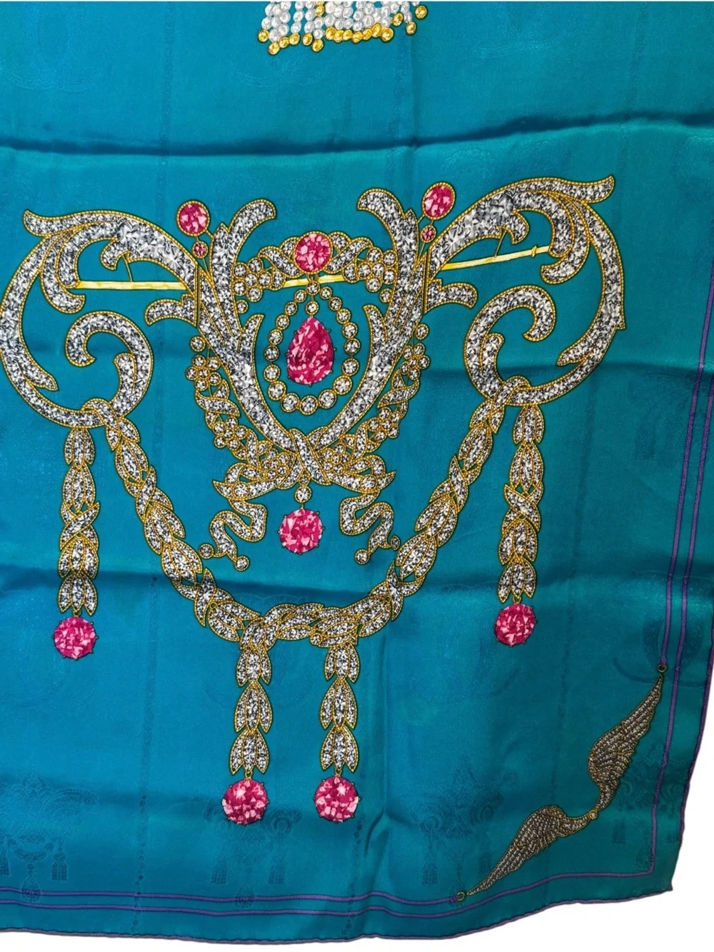 🌈 Cartier Teal “Collection of Brooches” Jewel-Embellished Silk Scarf